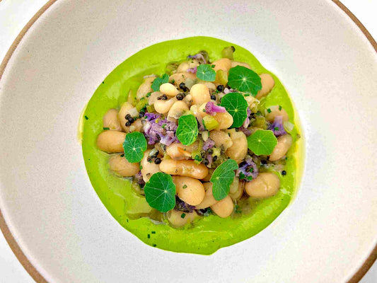 Delicious White Bean Salad with Caviar and Nasturtium