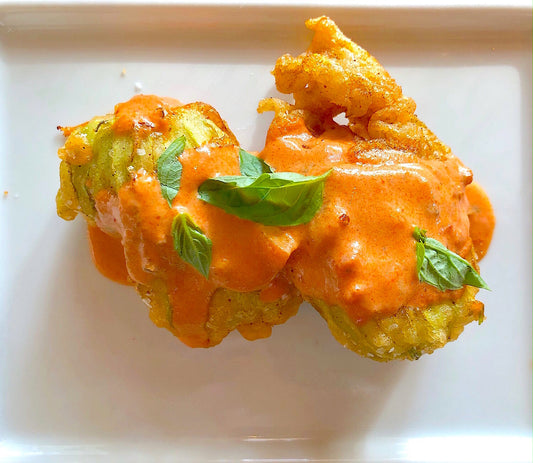 Turkey Meatball Stuffed Squash Blossoms with Tomato Basil