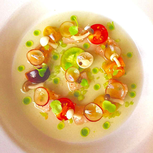 Hamachi with Tomato Water, Yuzu, Grapes