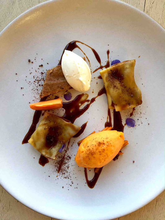 honey ganache ravioli with persimmon and chestnut