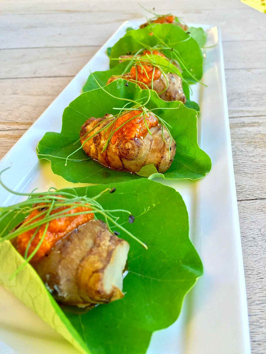 Salt Baked Sunchokes with Nasturtium and Romesco sauce