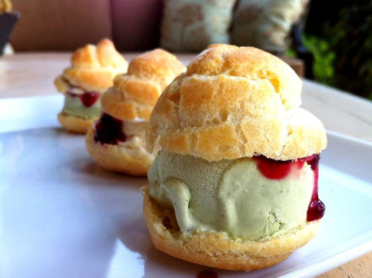 Profiteroles recipe with basil and lemongrass sorbet mulberry jam