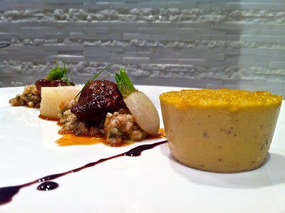 Foie Gras Flan with Osso bucco, Farro, Kohlrabi, and Baby Turnips