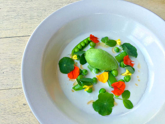 Nasturtium Sorbet with Pea, coconut and Thai chili