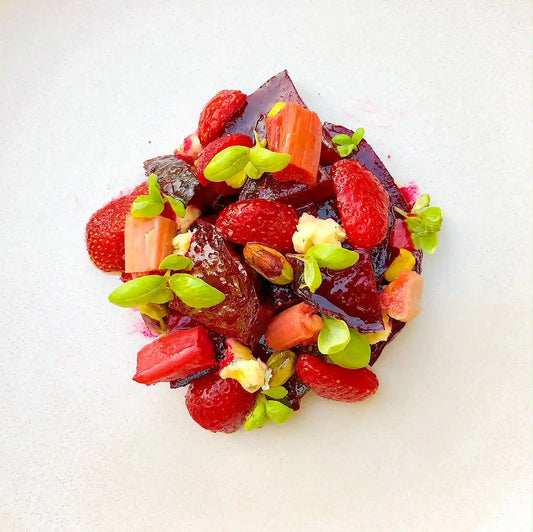 Best Beet Salad Recipe with Basil, Rhubarb, Pistachio, and Blue Cheese