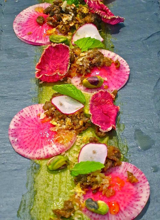 Watermelon Radish Ravioli with Merguez and Pistachio